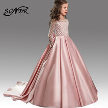Load image into Gallery viewer, BACK BOW FLOWER GIRL O-NECK LONG SLEEVE FORMAL COMMUNION DRESS BEADING TRAIN ELEGANT GIRLS PRINCESS BALL GOWNS
