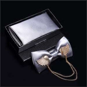 ADJUSTABLE MEN&#39;S BOW TIE METAL WING BOWTIE POCKET SQUARE TOWEL HANDKERCHIEF GIFT SET FORMAL NECK TIES WEDDING PARTY ACCESSORIES