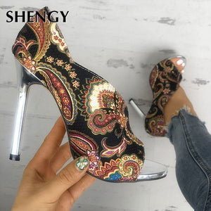 2023 WOMEN HIGH HEELS SANDALS WOMAN FASHION SUMMER  FEMALE PEEP TOE HIGH-HEELED SHOES OPEN TOE ETHNIC PRINT PARTY SANDALS