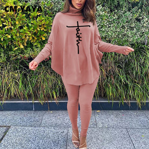 WOMEN AUTUMN TWO 2PIECE SET OUTFITS BATWING LONG SLEEVE LETTER TOPS AND PANTS SUIT MATCHING SET VINTAGE TRACKSUIT
