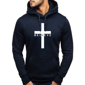 FASHION MEN I BELIEVE IN CHRISTIAN JESUS LOGO CASUAL SPORTS HOODIE DRAWSTRING DESIGN AUTUMN WINTER VERSATILE COMMUTER HOODIE