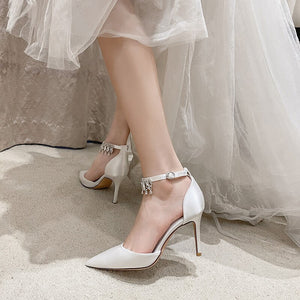 7CM NEW FASHION POINTED TOE SATIN HIGH HEELS ANKLE WRAP WITH REHINSTONE WEDDING BRIDE FOR WOMEN SANDALS 41 42 43