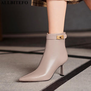 SIZE 33-40 METAL DESIGN SOFT GENUINE LEATHER HIGH HEEL WOMEN BOOTS CLUB PARTY FASHION WINTER SHOES ANKLE BOOTS EASY TO WALK