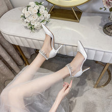 Load image into Gallery viewer, 7CM NEW FASHION POINTED TOE SATIN HIGH HEELS ANKLE WRAP WITH REHINSTONE WEDDING BRIDE FOR WOMEN SANDALS 41 42 43
