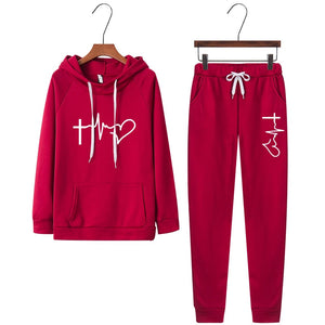 WOMEN'S FAITH PRINT AUTUMN/WINTER HOODIE SET SPORTS PULLOVER + DRAWSTRING PANTS SOLID COLOR CASUAL WOMEN'S SPORTS SET