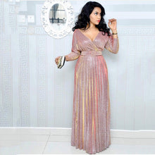 Load image into Gallery viewer, NEW WOMEN&#39;S CLOTHING FASHION LONG SLEEVE BRONZING PLEATED SWING SKIRT WITH BELT GLITTERING POWDER FABRIC
